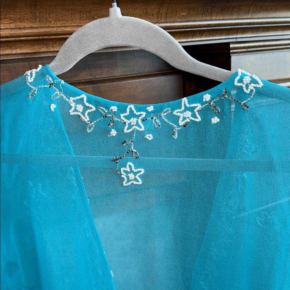 Turquoise semi sheer beaded embellished asymmetrical swim cover/ tunic Y2K M - Picture 11 of 13